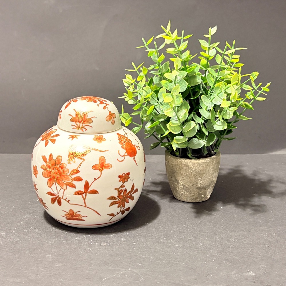 ACF Japanese Porcelain Ginger Jar Orange Gold Floral Butterfly Hong Kong 4.5in